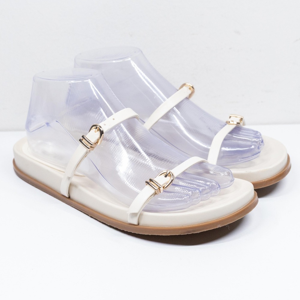 ZARA Double Strap Buckle Minimalist Flat Slide Sandals Cream Off White Sz 38 7.5